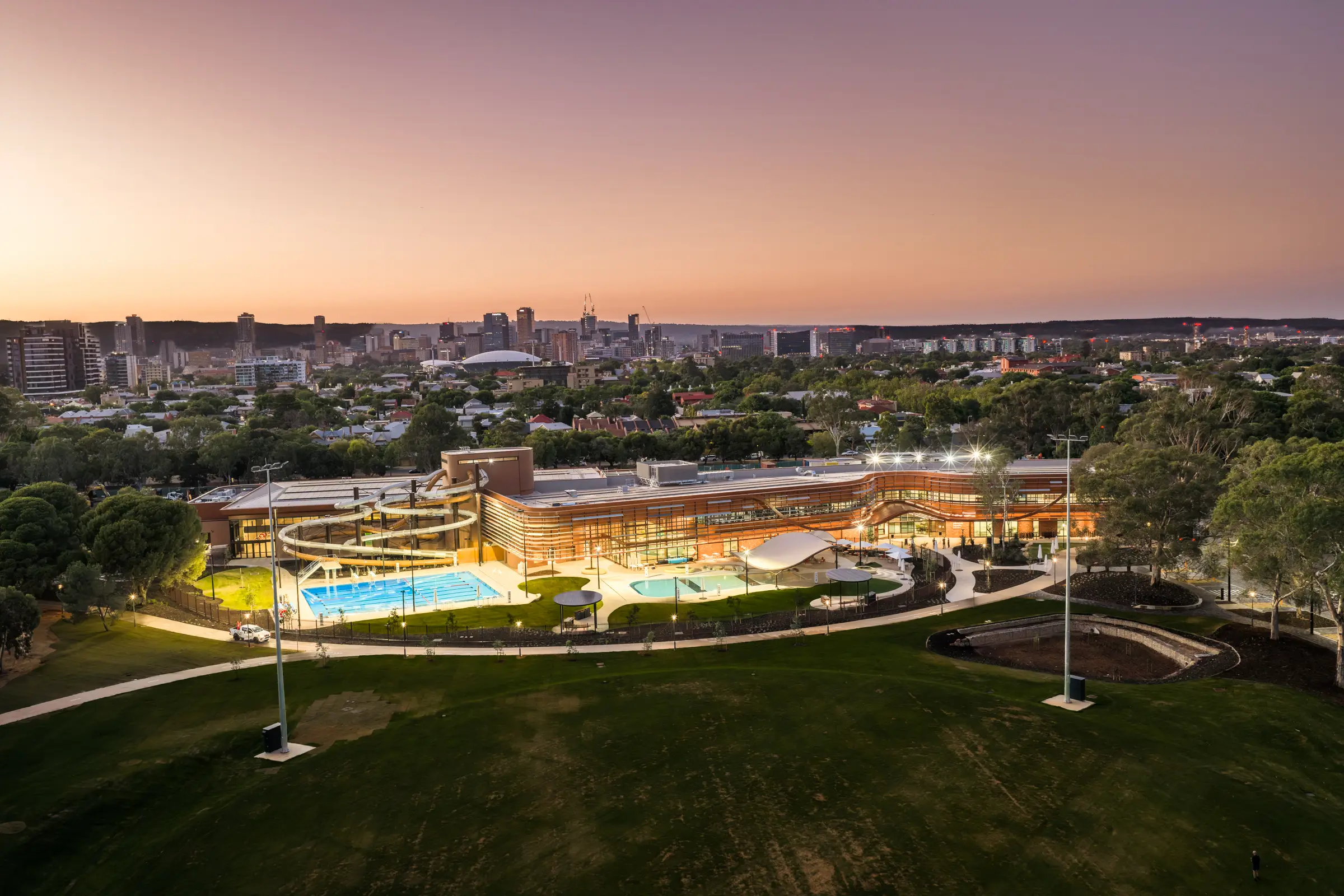 The exterior of the Adelaide Aquatic Centre on War Memorial Drive, North Adelaide, South Australia.