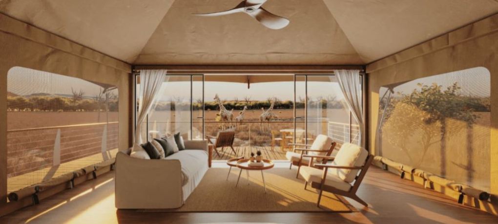 The new luxury lodge accommodation building set within the open-range landscape at Monarto Zoo, South Australia.