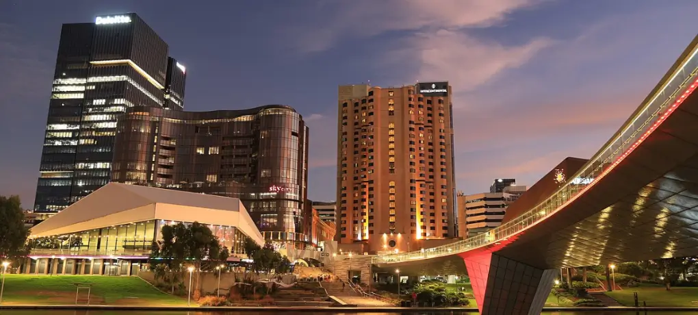 Adelaide Festival Tower rising above the Festival Plaza precinct in the Adelaide CBD, South Australia.