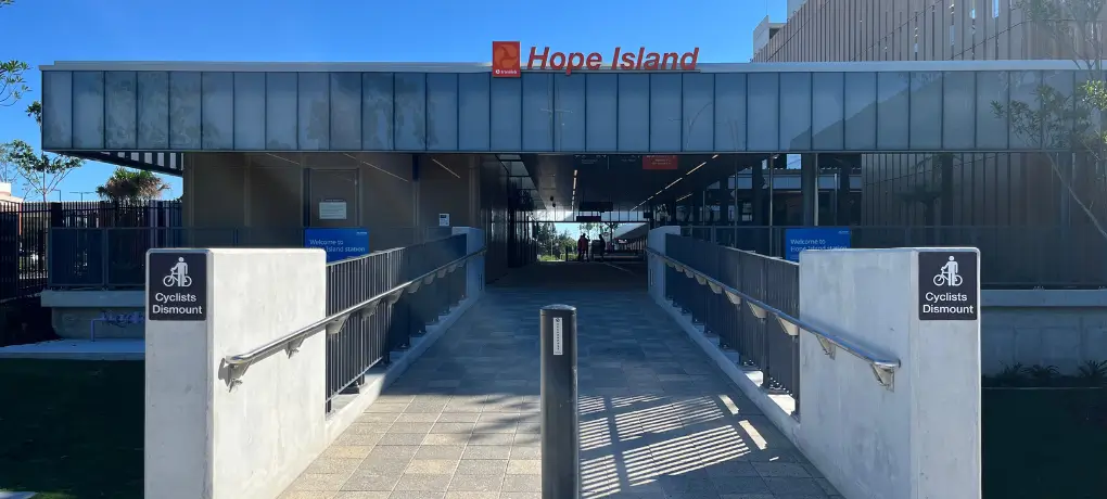The Hope Island Station platform and station building on the Gold Coast Light Rail G:link network, Queensland.