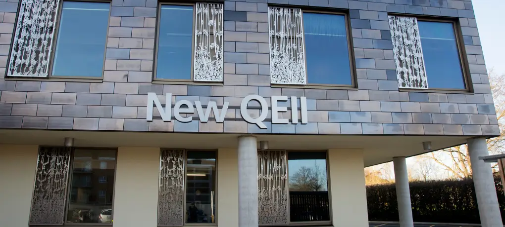 The exterior of the New Queen Elizabeth II Hospital in Welwyn Garden City, Hertfordshire.