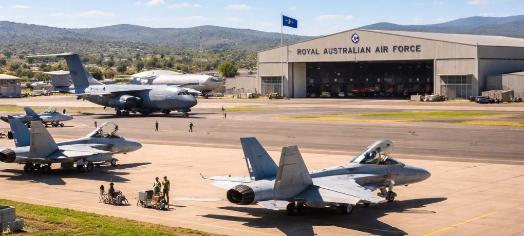 Aerial view of RAAF Base Amberley, located 40km south-west of Brisbane in Queensland, Australia.