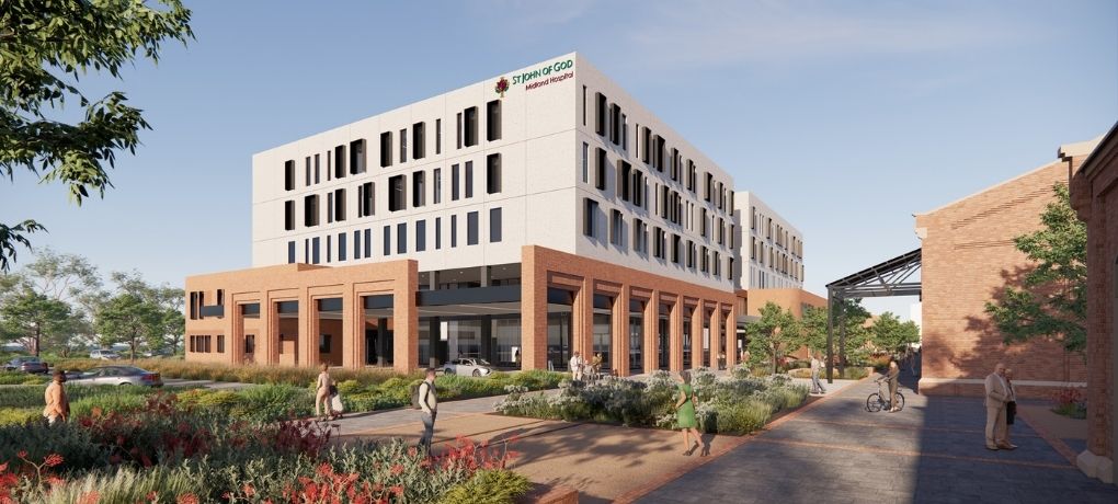 The main facade of St John of God Midland Private Hospital in Midland, Western Australia.
