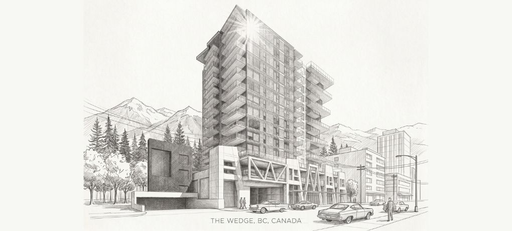 The Wedge apartments in downtown Victoria, British Columbia, with the adjacent chapel building.