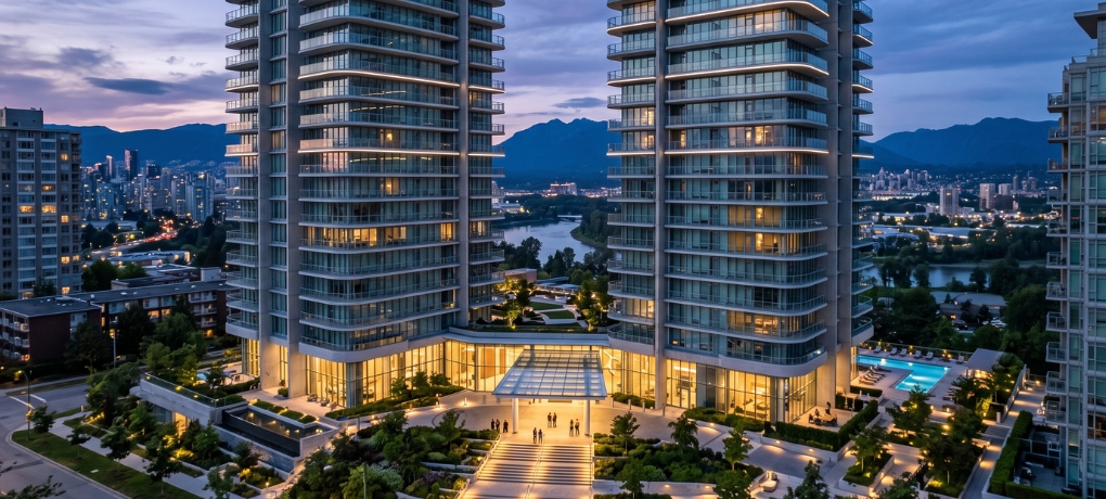 The Etoile Residences high-rise residential towers in Brentwood, Burnaby, British Columbia, Canada.
