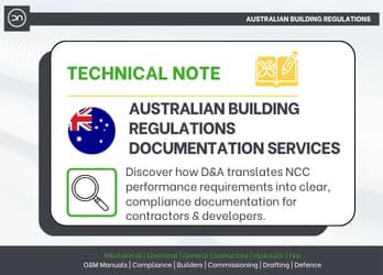 Technical note graphic for Australian Building Regulations Documentation Services detailing NCC compliance for contractors and developers.
