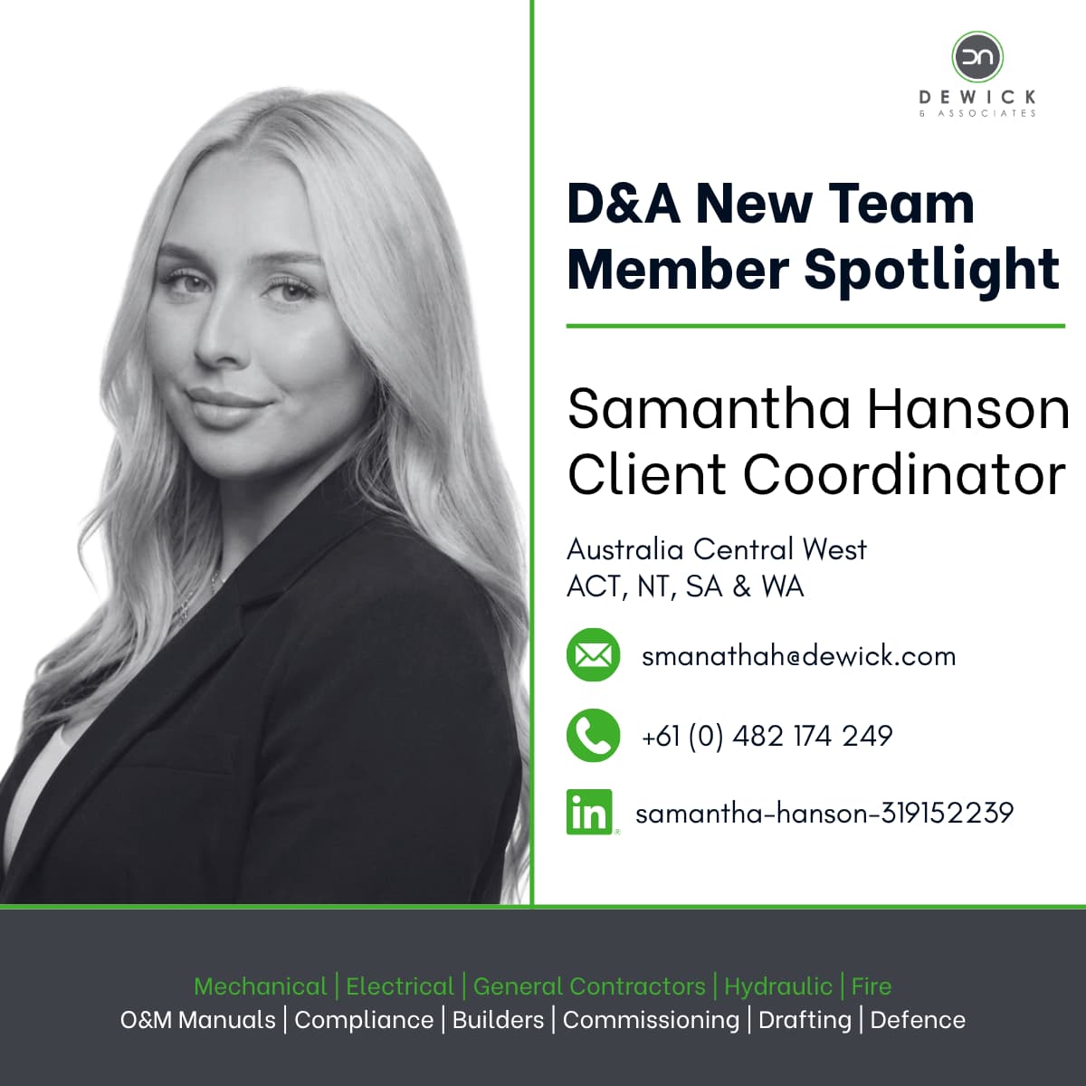 Samantha Hanson is client coordinator for Australia Cebtral West region.